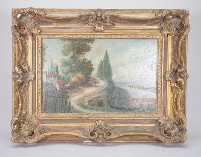 École du XIXe siècle
Village au bord de rivière.
Huile...