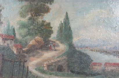 École du XIXe siècle
Village au bord de rivière.
Huile...
