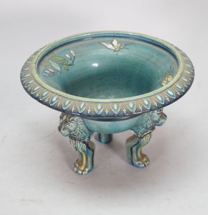 Earthenware tripod bowl with turquoise background,...
