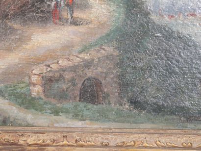 École du XIXe siècle
Village au bord de rivière.
Huile...