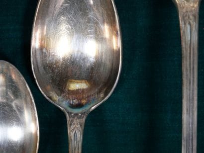 Silver-plated silverware set with foliage...