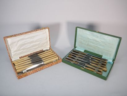 12 large stainless steel knives, horn handles,...