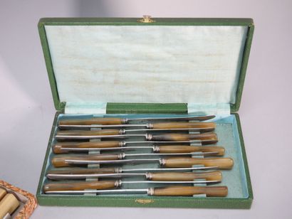 12 large stainless steel knives, horn handles,...