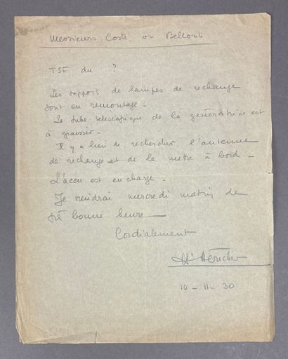 Lettre adressée à Costes et Bellonte par...