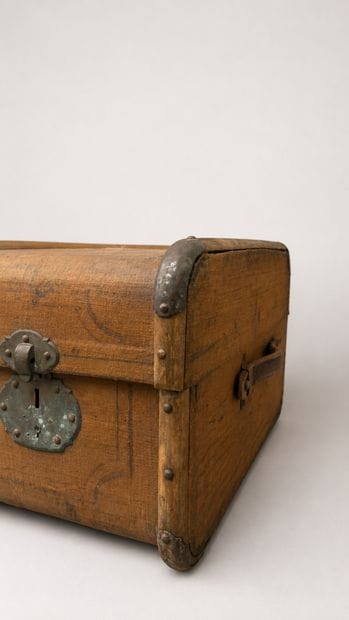 Wooden travel trunk partially lined with...