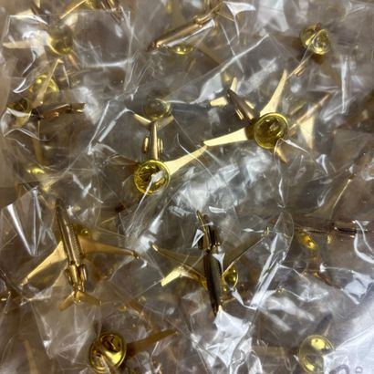 A collection of numerous gold pins depicting...