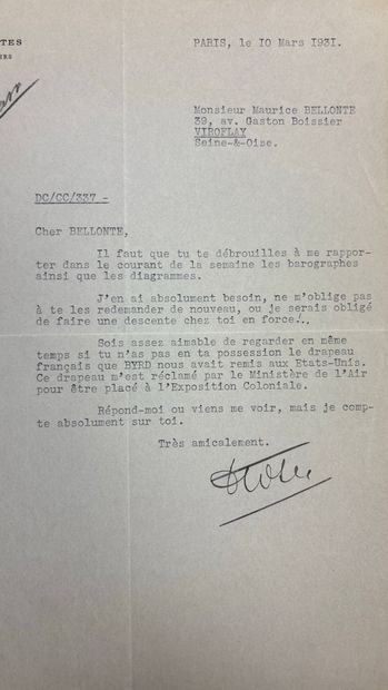 Lettre de Dieudonné Costes, signée, adressée...