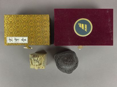 A collection of travel souvenirs, likely...