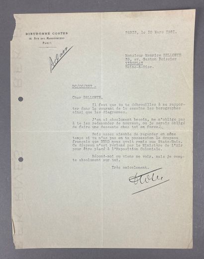 Lettre de Dieudonné Costes, signée, adressée...