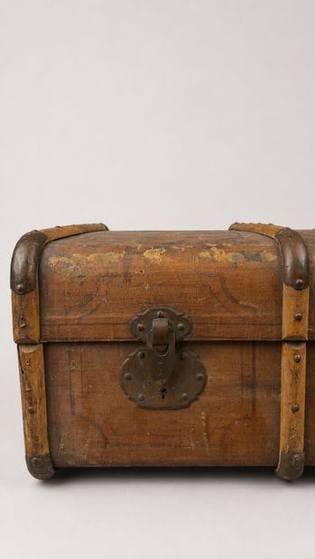 Wooden travel trunk partially lined with...