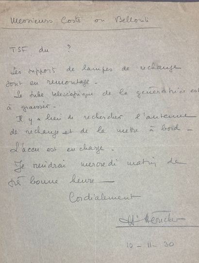 Lettre adressée à Costes et Bellonte par...