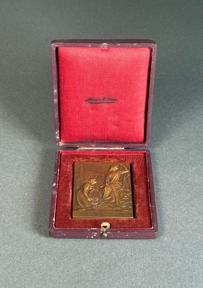 Médaille rectangulaire en bronze patiné,...