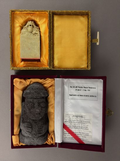 A collection of travel souvenirs, likely...