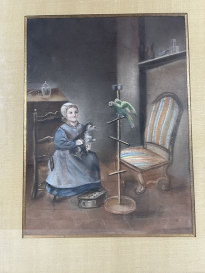 French school, circa 1937 Girl with parrot...