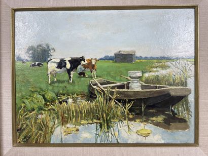Lucas Kuys (1942 2023) Milking cows in Holland
Oil...