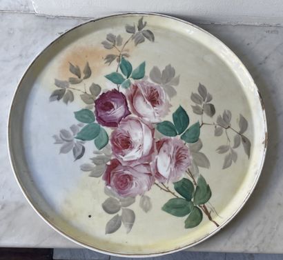 Large glazed earthenware tray, central polychrome...