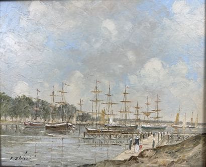 Pierre Stefani (b. 1938) Sailboats in port....