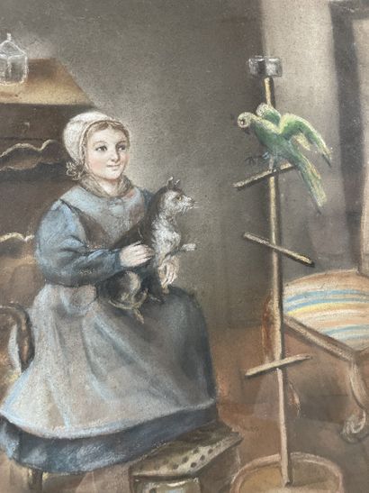 French school, circa 1937 Girl with parrot...
