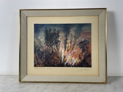 Walter Frank Evening Flames, Katunga Lithograph...