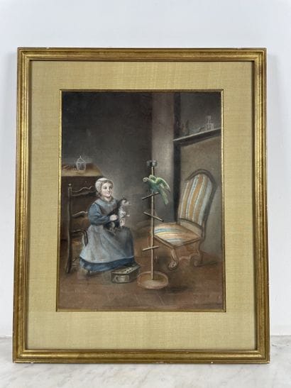 French school, circa 1937 Girl with parrot...