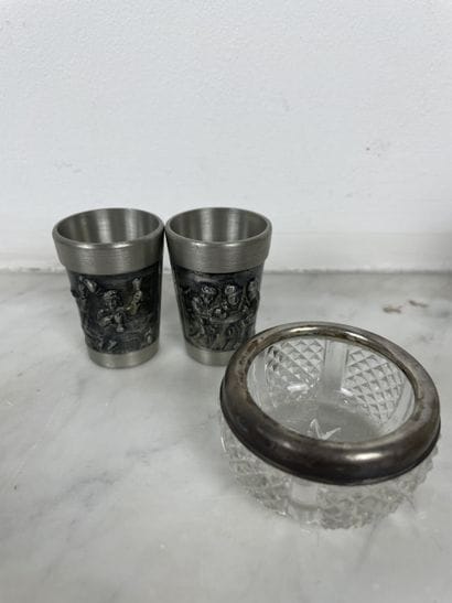 Set comprising two pewter goblets, titled...
