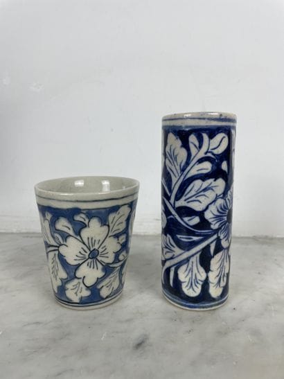 Lot of two blue and white glazed ceramic...