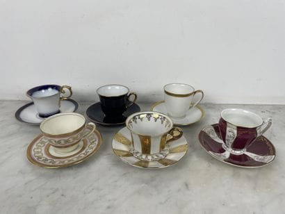 Set of six cups and saucers in various porcelains...