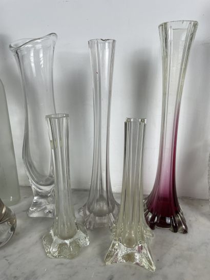 Set of 9 glass vases including 1 bottle,...