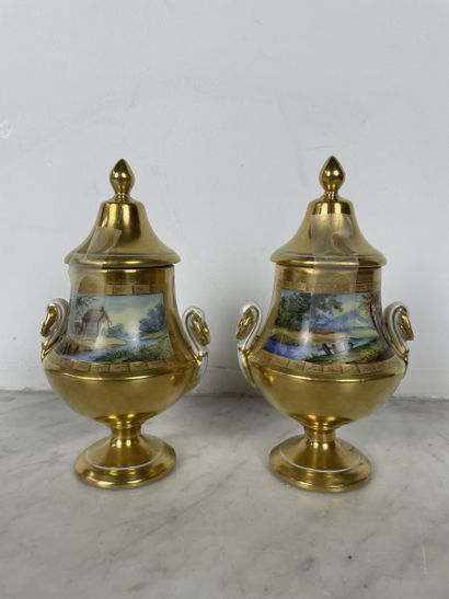 Pair of small covered vases in Dresden porcelain,...
