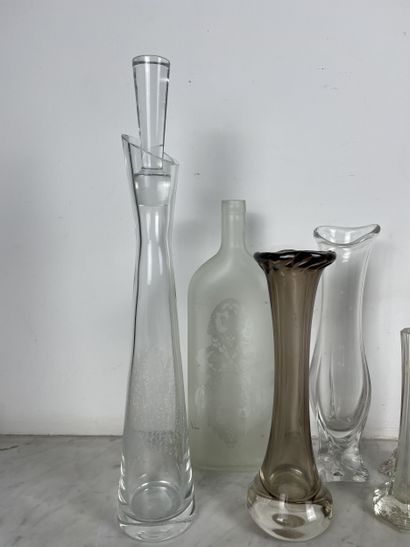 Set of 9 glass vases including 1 bottle,...