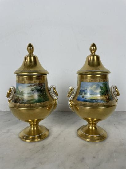 Pair of small covered vases in Dresden porcelain,...