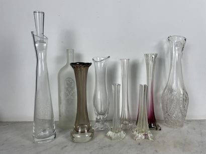 Set of 9 glass vases including 1 bottle,...