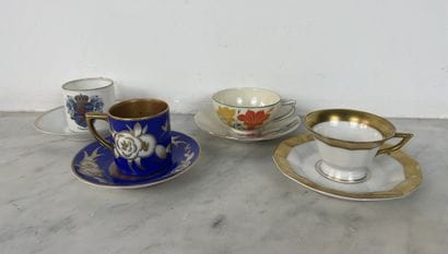 Set of four porcelain cups and saucers, various...