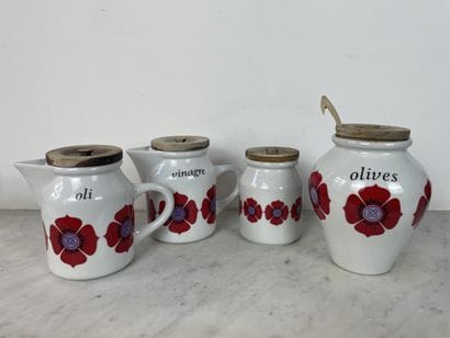 Set of four enameled porcelain condiment...
