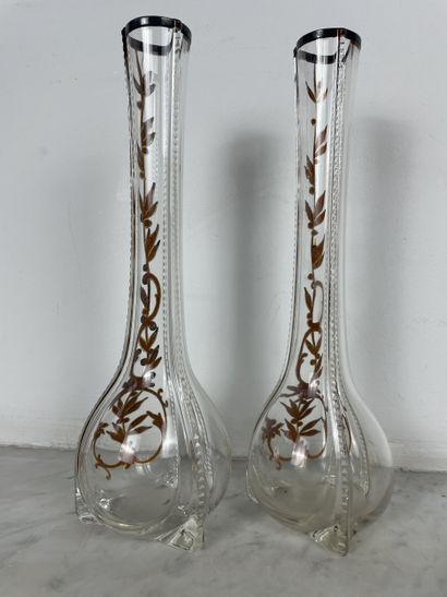 Pair of Art Nouveau soliflor vases in colorless...