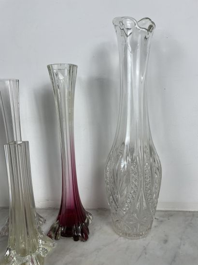 Set of 9 glass vases including 1 bottle,...