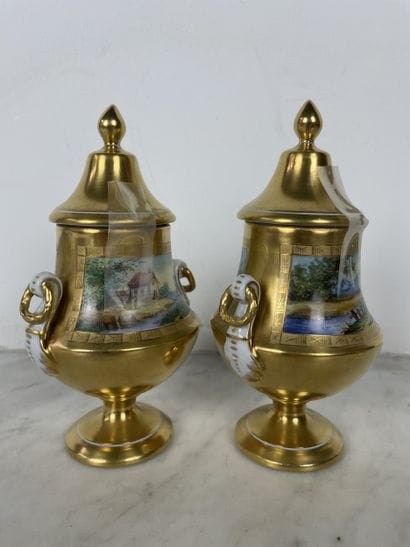 Pair of small covered vases in Dresden porcelain,...