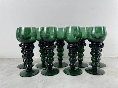 Suite of nine Römer green wine glasses, Germany,...