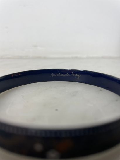 Blue enameled bangle with polychrome floral...