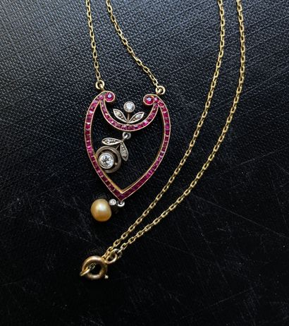 Gold, ruby, diamond and pearl Art Nouveau...