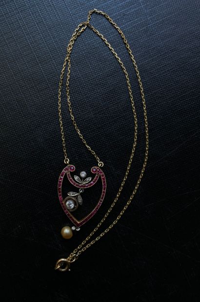 Gold, ruby, diamond and pearl Art Nouveau...