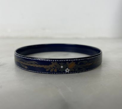 Blue enameled bangle with polychrome floral...