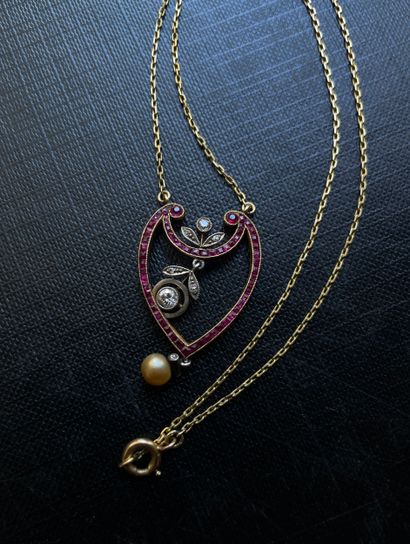 Gold, ruby, diamond and pearl Art Nouveau...
