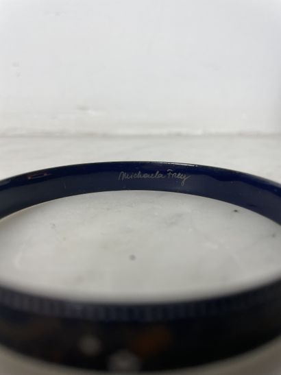Blue enameled bangle with polychrome floral...
