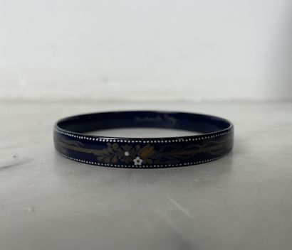 Blue enameled bangle with polychrome floral...