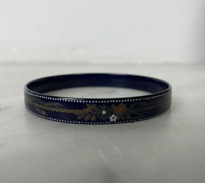 Blue enameled bangle with polychrome floral...