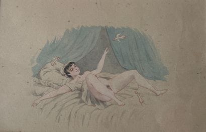 Erotic drawing of a woman in a dream surrounded...