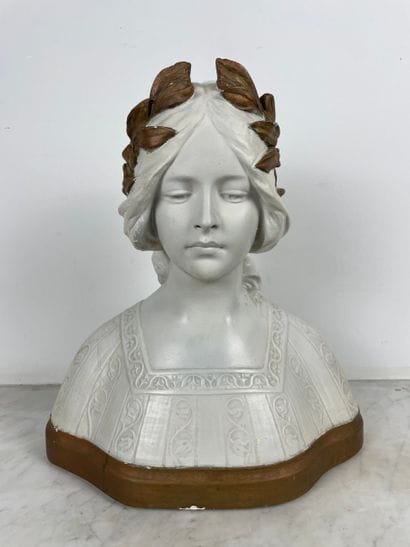 Female bust with laurel wreath, painted plaster...