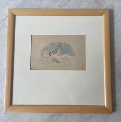 Erotic drawing of a woman in a dream surrounded...
