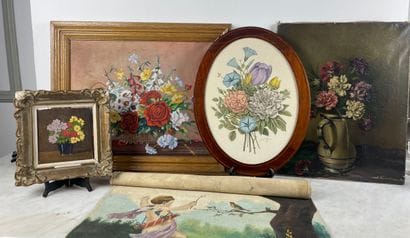 Lot of five works with floral and decorative...